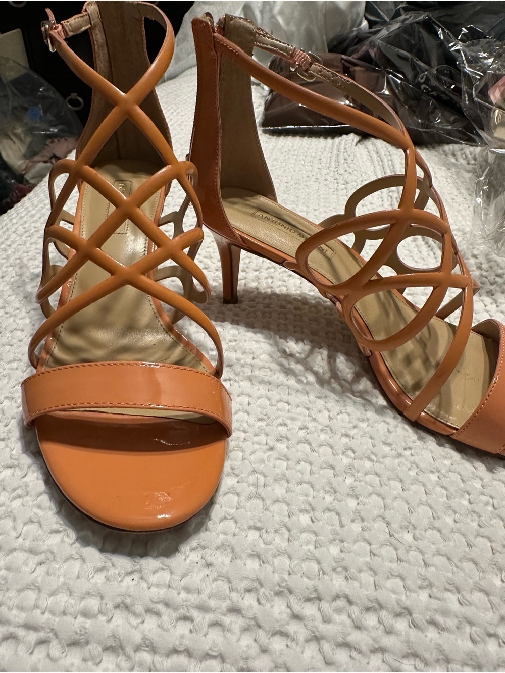 Antonio Melani Women's Strappy Almond Sandals in Orange 2.5” heel